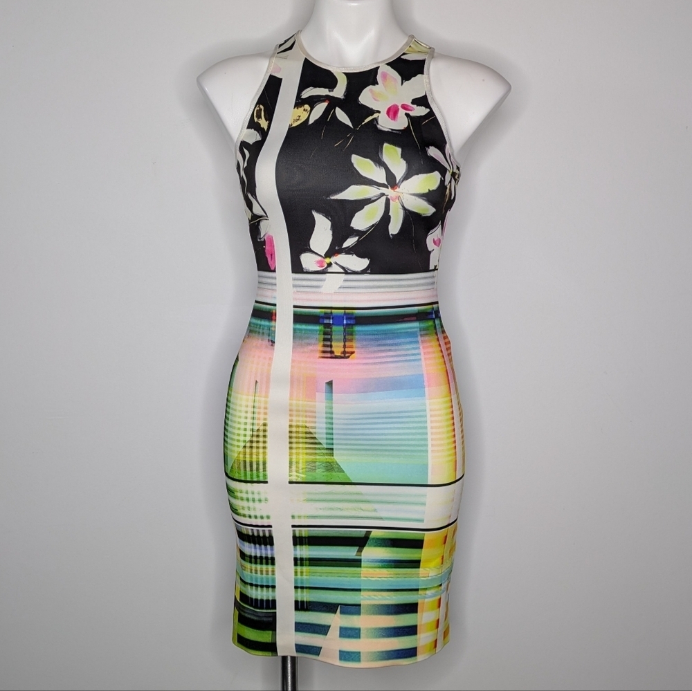 Clover Canyon Neoprene Black White Floral Mixed Print Body Con Dress S